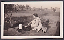 Old Photo c 1940's Tabby Cat Woman Cooking on Grill Pit Coffee Pot Picnic Basket picture
