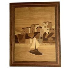 MCM Wooden Inlay Marquetry Art Seaside Village Sailboat picture