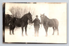 RPPC Snowy Scne Man and Two Large Horses Farm Posted to Claremont CA? Postcard picture