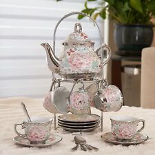 20 Pc Tea Set Tea Pot 6 Cups Saucers w/ Rack Silver Multi 3 oz Cup TeaPot picture