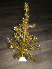 Vintage Gold Tinsel Tabletop Christmas Tree w Mini Mercury Glass Bulbs, Japan picture