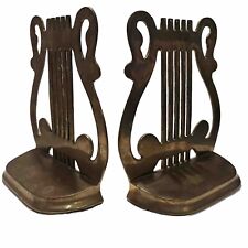 Brass Book Ends Pair Lyre Harp Made In Taiwan MCM Vintage Granpa Music vibe Room picture