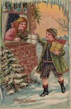 Vintage A Merry Christmas Postcard 1901 Boy & Girl Gifts Mistletoe Red Berries picture
