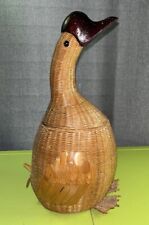 VTG RARE Shanghai Wicker Wood Handmade MCM Goose Duck  Art Basket Boho Rattan picture