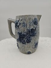 Antique Late 1800'S Blue & White Salt Glaze Stoneware Pitcher W/ Floral Relief picture