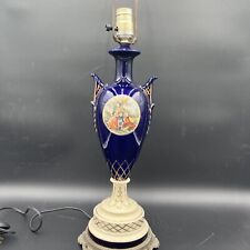 Antique French Porcelain Lamp Hand Painted Florals Sevres Style Cobalt Gold picture