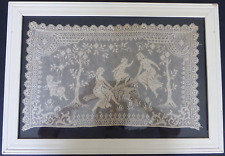 Rare Antique figural Filet Lace Ladies & kids playing Seesaw Framed 16.5x10