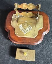 Antique Brass Fountain Pen Holder w/London Ink Well & Ink Blotter to Display Pen picture
