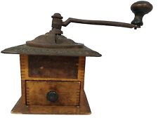 Antique Parker National Coffee Mill Model 402 Wood Box Hand Crank W. Geared Lid picture