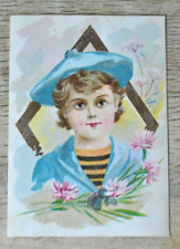 Antique Victorian Message Card Signed Aug.  2, 1895 Child Blue Hat and Coat picture