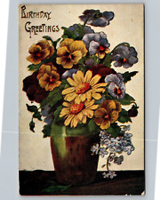 Postcard Birthday Greetings With Yellow Purple Flowers In A Vase VTG c1910  H18 picture