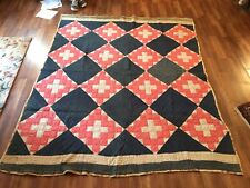 c1900 Antique Vintage Christian Cross Quilt Calico Floral Red White Blue 63x77 picture