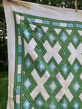 Mid Century 70s Terrycloth Fabric Green & Aqua Geometric Pattern 52x60 picture