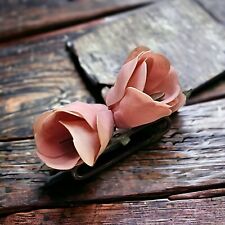 1920's Antique Pair of Pink Celluloid Flowers w/Catholic Medals Inside Brooch picture