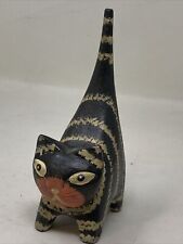 VINTAGE WOODEN CAT LONG TAIL PAINTED CARVED FOLK ART 5 1/2 INCHES picture