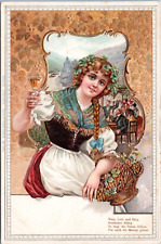 Pretty Girl holding Wine Glass- German Embossed Postcard c1900s- Wine Love Song picture