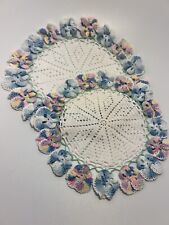 Vintage Handmade Pansies Crochet Dish Cover Dolly, 8” Diameter, Set Of 2 picture