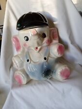 Vint. USA  Bisque Elephant Cookie Jar Blue Overalls W Black Ball Cap 12” USED picture