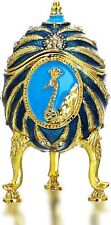 Jeweled Faberge Egg Trinket Boxes Hinged Golden Metal Peacock Decor Jewelry Blue picture