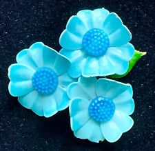 Vintage Retro MCM Turquoise Blue Enamel Triple Flower Pin Brooch 2.5