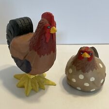 Pair of Carved Hand Painted Wooden Chicken Figurines Rooster and Hen Folk Art picture