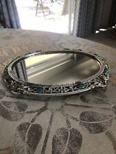Vintage Turquoise Jeweled Ornate Metal Vanity Oval Mirror  Tray picture