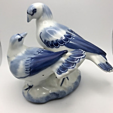 Cobalt Blue & White Ceramic Love Birds Doves Figurine Statue picture