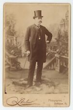Antique Circa 1880s Cabinet Card Dapper Man With Mustache Cane Hat Bethlehem, PA picture