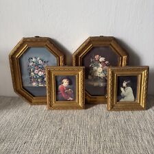 4 Small VTG Italian Wall Art Gold Frames Florals And Children picture