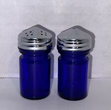 Vintage Cobalt Blue Depression Glass Salt & Pepper Shakers Set Pair Metal Tops  picture