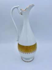 Vintage Limoges France Porcelain Pitcher Bud Vase w Wide Ornate Gold Band 8.125” picture