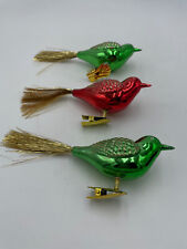 Vintage Set Of 3 Birds w/Glitter Clip On Plastic Christmas Ornaments Green Red picture