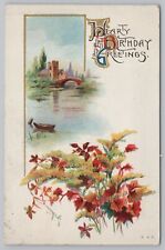 Greetings~Birthday~River View~Bridge & Boat~Flowers~Vintage Postcard picture