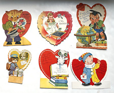 Vintage 1930s 1940s Valentine's Die Cut Cards Children Dogs Teacher Lot of 6 picture