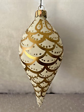 Vintage Rare 1980s Blown Glass Teardrop White and Gold Mica Ornament 5.5” x 2.5” picture