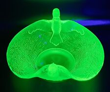 Vintage Fenton Dugan Green Glass Bowl Bird Handles Uranium Glow Depression Glass picture
