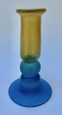 Vintage Hand Blown Frosted Blue And Yellow 7” Glass Candle Stick picture