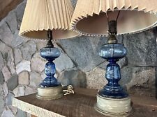 Vintage MATCHING PAIR Blue Glass Hand Painted Table Lamp AQUA TURQUOISE Clear picture