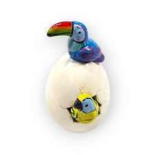 Tonala Pottery Hatched Egg Bird Blue Toucan Yellow Parrot Hand Painted 231 picture