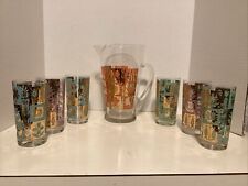 Vintage Mcm  Gold Trim , Glass Chicken Design Pitcher And 6 Glasses picture