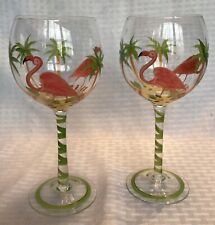 Flamingo Wine Glasses Hand Painted Tropical Palm Trees 8.5
