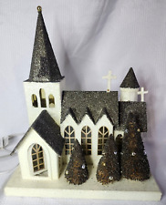 Large Christmas Cardboard Church With Trees And Lights H 14.5
