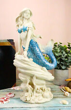 Ebros Ocean Aqua Blue Tailed Mermaid Sitting On Sea Rock Figurine 11.5