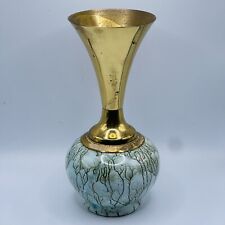 VTG Delft Holland 7” Turquoise Green  & Gold Marbled Ceramic Brass Vase picture