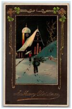 1911 Christmas Boy Carrying Pine Church Shamrock Gel Gold Gilt Antique Postcard picture