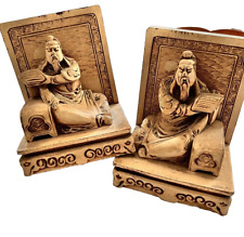 Vintage Hand Carved Buddhist Chinese Confucius Wood Bookends picture