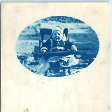 c1910s Cyanotype Cute Baby High Chair RPPC Outdoors Laugh Smile Real Photo A134 picture