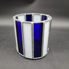 Vintage Leaded Stained Blue White Glass Votive Tea Light Candle Cylinder Holder picture