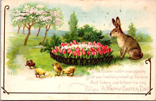 1924 Happy Easter Day Embossed Postcard Rabbit in Tulip Patch with Chicks picture