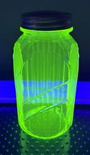 Antique 1920's Uranium Vaseline Glass Ribbed Hoosier Canister Jar w/Lid 8